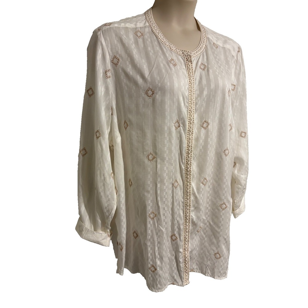 Catherines White Embroidered Button Up Shirt~2XL~Hidden Placket Roll Tab Slv NWT